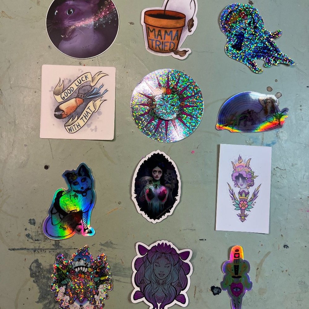 Bulk lot 10 Original Vinyl Stickers & 2 Magnets Pack Holographic Glitter